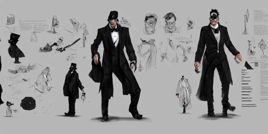 Image similar to the penguin cobblepot, character sheet, concept design, contrast, kim jung gi, greg rutkowski, zabrocki, karlkka, jayison devadas, trending on artstation, 8 k, ultra wide angle, pincushion lens effect