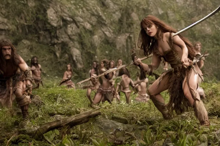 Prompt: emma watson as conan the barbarian vs the nymphs, movie still, 8 k, realistic