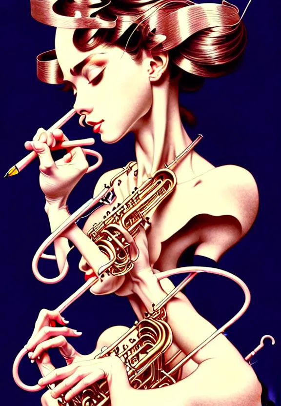 Image similar to ' mousey woman studying jazz music ', beautiful shadowing, 3 d shadowing, reflective surfaces, illustrated completely, 8 k beautifully detailed pencil illustration, extremely hyper - detailed pencil illustration, intricate, epic composition, masterpiece, bold complimentary colors. stunning masterfully illustrated by artgerm, range murata, alphonse mucha.