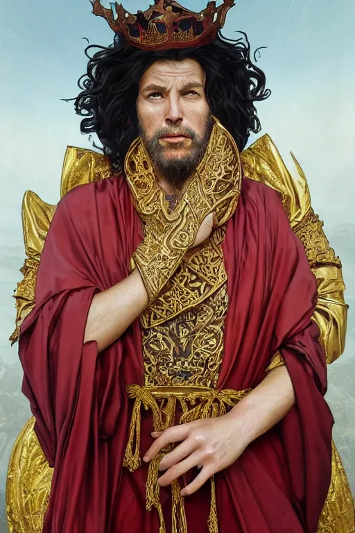 Image similar to Portrait of historically accurate, ancient biblical, sultry, sneering, evil, pagan, old kindah kingdom king, wearing gilded red royal robes, long white hair, intricate, elegant, highly detailed, digital painting, artstation, concept art, smooth, sharp focus, illustration, art by artgerm and greg rutkowski and alphonse mucha and andrei riabovitchev