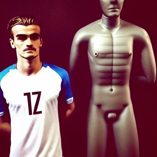 Image similar to “ a realistic detailed photo of a guy who is an attractive humanoid who is half robot and half humanoid, who is a male android, soccer player antoine griezmann, shiny skin, posing like a statue, blank stare, at the museum, on display ”