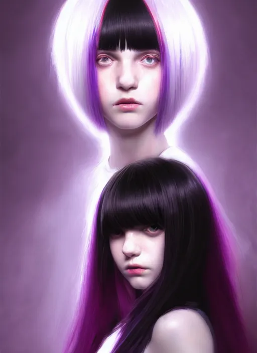 Image similar to portrait of teenage girl, red irises, bangs, black and white hair, white bangs, purple clothes, white bangs, two color hair, black hair and white bangs, intricate, elegant, glowing lights, highly detailed, digital painting, artstation, concept art, smooth, sharp focus, illustration, art by wlop, mars ravelo and greg rutkowski