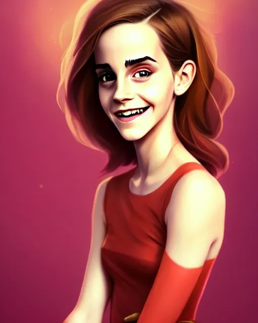 Image similar to a portrait of a beautiful full body Emma Watson smiling, pretty gold and red dress, art by lois van baarle and loish and ross tran and rossdraws and sam yang and samdoesarts and artgerm, digital art, highly detailed, intricate, sharp focus, Trending on Artstation HQ, deviantart, unreal engine 5, 4K UHD image