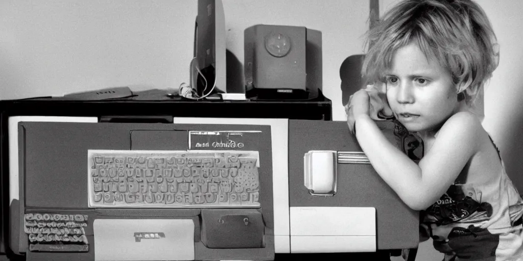 Prompt: a blond child from behind cries next to a zx 8 1 computer in 1 9 8 3 in the style of a 1 9 7 0 s family photograph