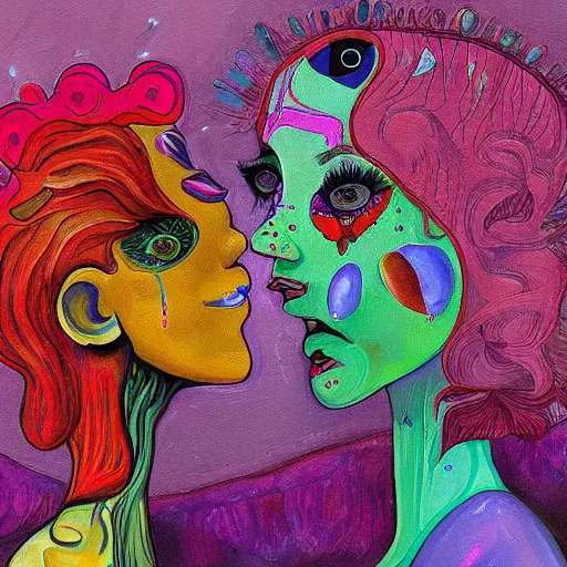 Image similar to expressive painting by francesca sundsten of two bizarre psychedelic femme creatures kissing each other closeup. they are growing out of an alien landscape. speculative evolution, exobiology