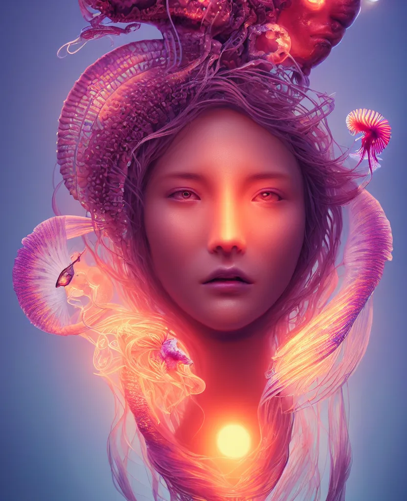 Image similar to goddess close-up portrait. jellyfish phoenix head, nautilus, orchid, skull, betta fish, bioluminiscent creatures, intricate artwork by Tooth Wu and wlop and beeple. octane render, trending on artstation, greg rutkowski very coherent symmetrical artwork. cinematic, hyper realism, high detail, octane render, 8k