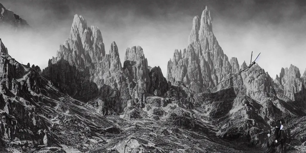 Image similar to 1920s photography of witch-hunt, dolomites in the background, occult signs, witch burning, pyre, solstice fire, alp, dolomites, alpine, detailed intricate insanely detailed octane render, 8k artistic 1920s photography, photorealistic, black and white, chiaroscuro, hd, by David Cronenberg, Raphael, Caravaggio