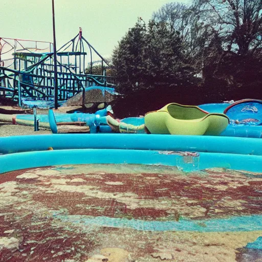 Image similar to a photo of an abandoned water park from the 1 9 9 0 s, disposable film