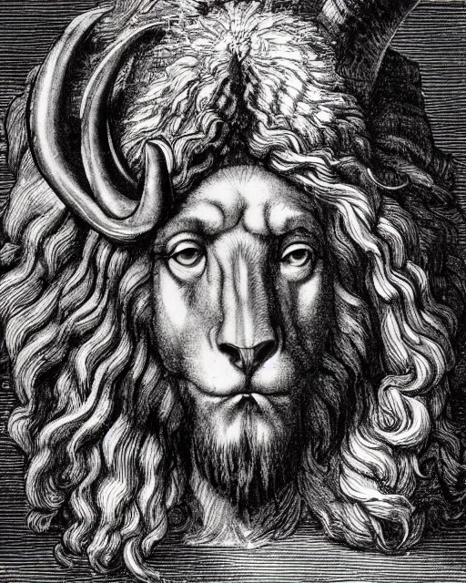 Image similar to four faces in one creature, eagle beak, lion mane, two large horns on the head, jesus face, drawn by da vinci