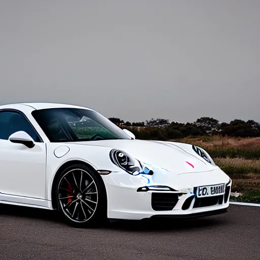 Prompt: “white 2018 porsche 911 racing down a highway, golden hour photograph, car photography, 4k professional photo”