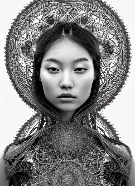 Prompt: ridiculously beautiful young asian woman thinking by irakli nadar, several layers of intricate sacred geometry, orgasm, cosmic, natural, awakening, symmetrical, in the style of ernst haeckel and alex grey, intricate woven doily, warm, photo realistic, epic and cinematic