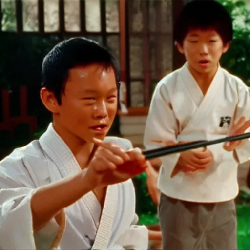 Prompt: miyagi from karate kid teaching daniel how to catch a frog with chopstick, cinematic, photo, still frame
