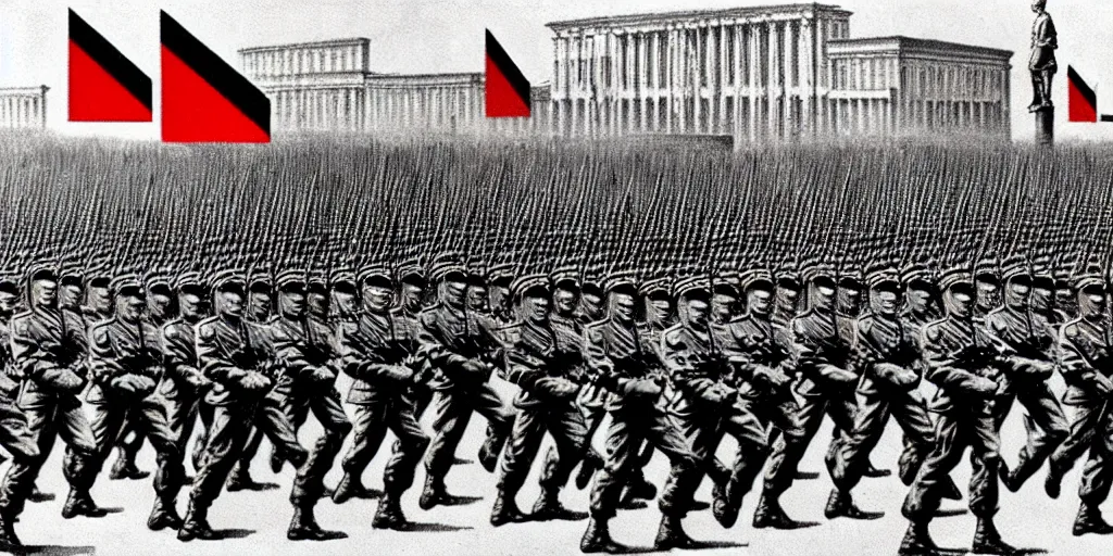 Prompt: army parade glorious march, futuristic alternate timeline, anarcho - communist hordes, red and black flags, art by max ernst, stalin - era propaganda