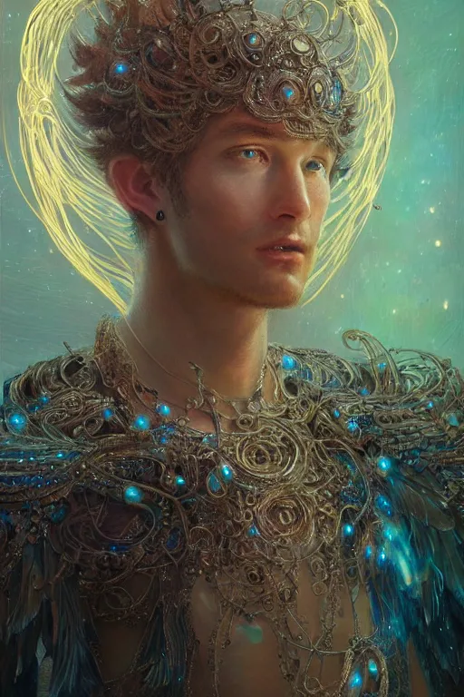 Image similar to portrait of an angelic male with intricate body armor made of bioluminescence wires by gaston bussiere, joe fenton and anato finnstark, arstation and beeple highly, feathers, shimmer detailed, cinematic lighting, octane render, unreal engine lumen, very coherent. cinematic, hyperrealism, high detail, octane render, 8 k