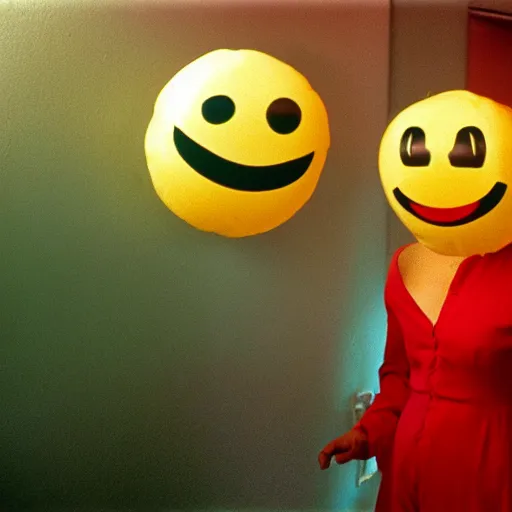 Image similar to still from a 1994 arthouse film about a depressed woman dressed as an inflatable smiley who meets a handsome younger man in a seedy motel room, color film, 16mm soft light, weird art on the wall