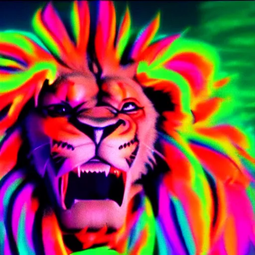Prompt: a vhs still of a concept art with a photo of male muscular albino lion wearing fancy neon clothing in a vaporwave artwork composition, windows 9 8 logo, in the movie lifeforce ( 1 9 8 5 ) 8 k, intricate, pastel colors