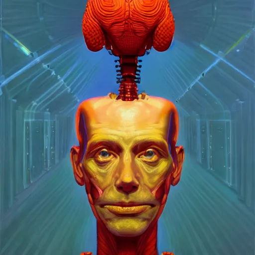 Prompt: Fractal portrait of an artificial intelligence robot with a big nural network brain inside his head, very coherent, painted by Edward Hopper, Wayne Barlowe, painted by James Gilleard, airbrush, art by JamesJean
