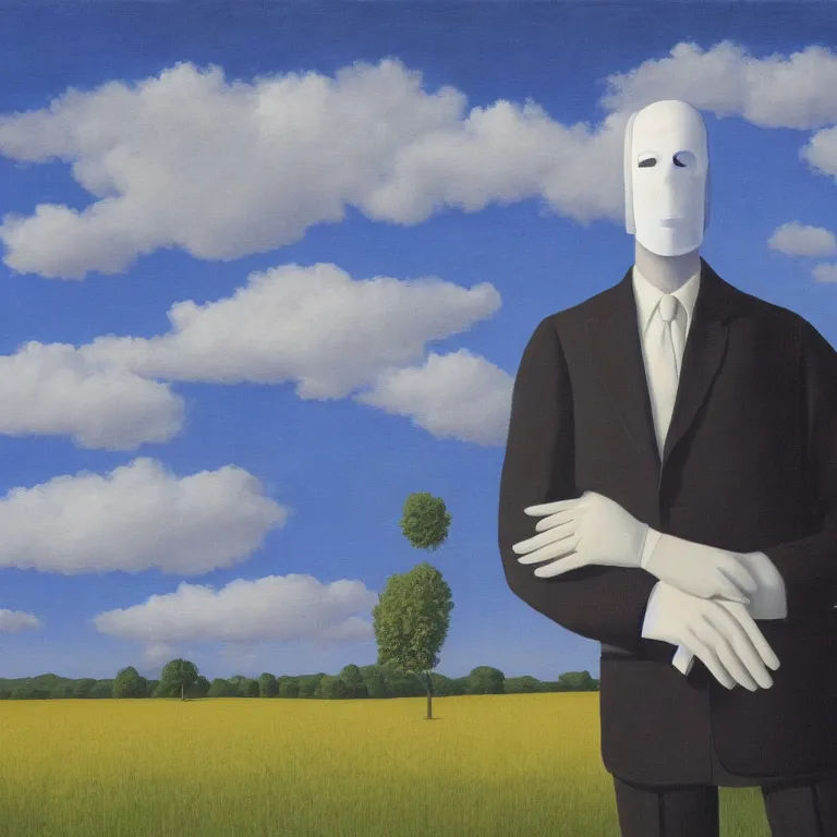 Image similar to portrait of a faceless reflective chrome - head man in a suit and black gloves, clouds and nature landscape in the background, by rene magritte, detailed painting, distance, centered, hd, hq, high resolution, high detail, 4 k, 8 k