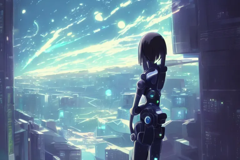 Prompt: makoto shinkai. robotic android girl. futuristic cyberpunk. dystopia. vibrant nebula sky......... robotic wired arm