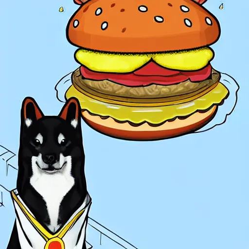 Image similar to a fortune-telling shiba inu reading your fate in a giant hamburger, digital art