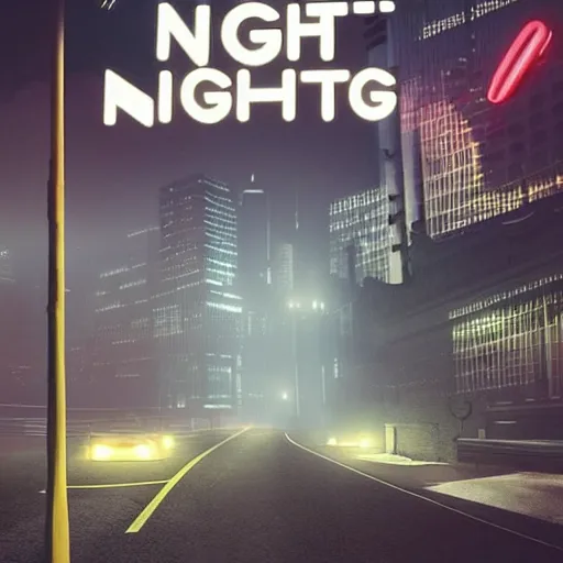 Image similar to dark nighttime foggy extremely detailed and complex poster for low poly night time motorcycle video game, night time, motorcycle, fog, mist, buildings, city, traffic signs, barriers, signs, glowing corporate logos