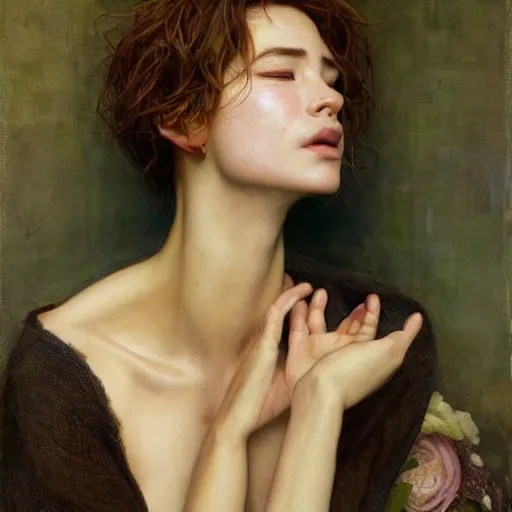 Image similar to epic masterpiece full body portrait a woman crying, beautiful face and flawless skin, perfect hands by Edgar Maxence and Ross Tran and Michael Whelan