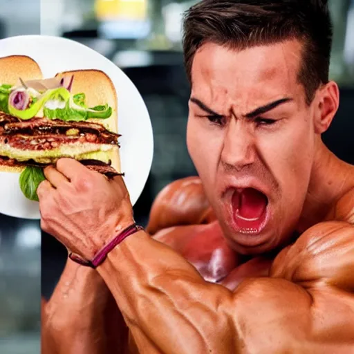 Image similar to a very vascular, sweaty body builder angrily eating a squid sandwich, while sitting at a table with a large squid on top.