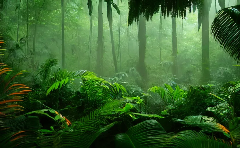 Image similar to a beautiful render of a prehistoric rainforest, lush flora, dark green, orange, intricate detail, sunset, hazy, volumetric lighting, 8 k, photorealistic, raytracing effects, unreal engine 5