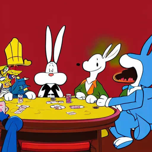 Prompt: a highly detailed vector picture of bugs bunny and captain cruch and snoopy and bender playing poker, art by dan mumford and yusuke murata and makoto shinkai and ross tran, octane render, 4 k resolution, trending on artstation, masterpiece