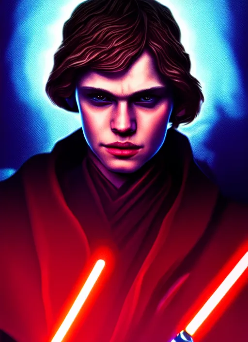 Image similar to a portrait of anakin skywalker with darkside corruption, cyberpunk, grim - lighting, high - contrast, intricate, elegant, highly detailed, digital painting, artstation, concept art, smooth, sharp focus, illustration