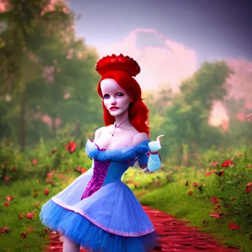 Prompt: doll style red head queen, full body, alice in wonderland theme, disney inspired fantasy background, octane render, cinematic lighting, unreal engine, 8 k, ultra hd, realistic face