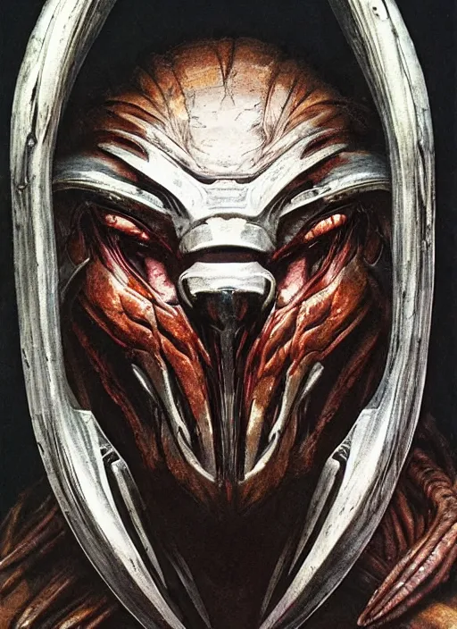 Prompt: Predator with four mandibles, portrait face, from the movie Predator 1987, moody dynamic lighting, very very intricate, very very elegant, highly detailed, digital painting, artstation, Hieronymus Bosch, Francis Bacon, concept art, smooth, very beautiful, sharp focus, illustration, art by artgerm and greg rutkowski and alphonse mucha