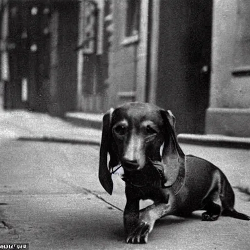 Image similar to a cinematic scene of a steampunk dachsund dog doing a investigation on a crime scene in 1901 new york streets