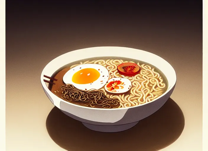 Image similar to a film still portrait of a bowl with ramen, finely detailed features, closeup at the food, perfect art, at a dinner table, gapmoe yandere grimdark, trending on pixiv fanbox, painted by greg rutkowski makoto shinkai takashi takeuchi studio ghibli, akihiko yoshida