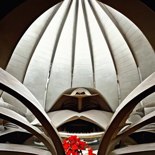 Image similar to interior of a futuristic lotus temple with gold, red and white marble panels, in the desert, by buckminster fuller and syd mead, intricate contemporary architecture, photo journalism, photography, cinematic, national geographic photoshoot