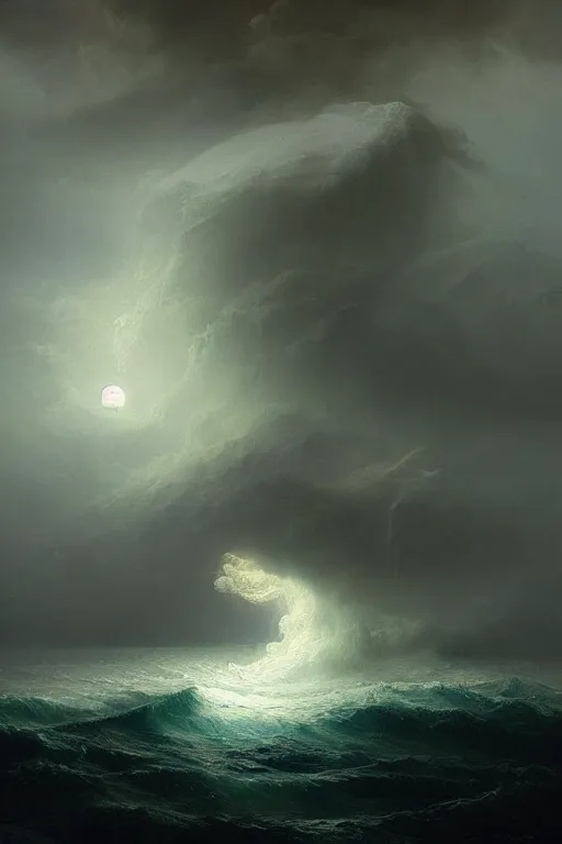 Prompt: A massive stunning detailed deity emerging from a stormy ocean by Ivan Aivazovsky, agostino arrivabene, Greg Rutkowski, beautiful lighting, full moon, detailed swirling water tornado, artstation