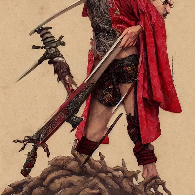 Image similar to ultra realistic illustration, borat dressed in red kimono weilding a katana, backview, tattoos, in the style of peter mohrbacher by weta digital and beth cavener, high face symmetry, intricate, masterpiece, award winning, high face symmetry, intricate