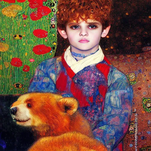 Prompt: painting of vivid colors iraqi boy child with a pet bear gustav klimt wallpaper by android jones detailed matte painting 8 k