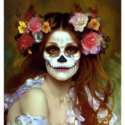 Prompt: realistic detailed painting of a cute Día de los Muertos girl by Alphonse Mucha Ayami Kojima Amano Charlie Bowater, masterpiece
