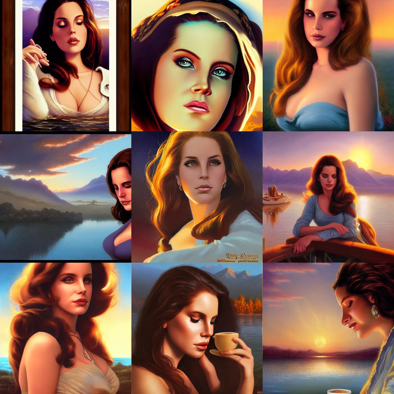 Prompt: close - up portrait of sleepy lana del rey, morning golden hour, steaming coffee, mystical lake view vista, mark brooks, ralph horsley