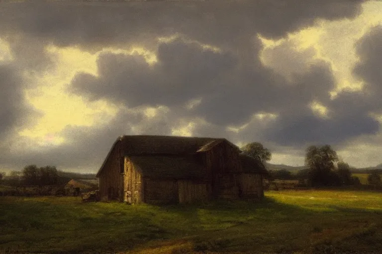 Image similar to a barn in the countryside, dramatic lighting, dramatic clouds, edward harrison compton