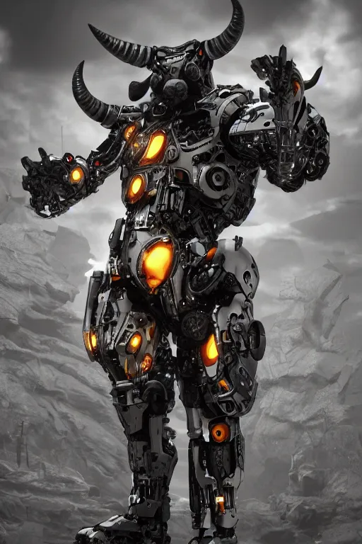 Image similar to a full body shot of a cyborg ( bull ) modeled after a bull looking into the camera, android, cyborg, full body shot, intricate, 3 d, hyper realism, fantasy, depth of field, octane render, symmetrical, highly detailed, digital art, artstation, concept art, cinematic lighting, trending