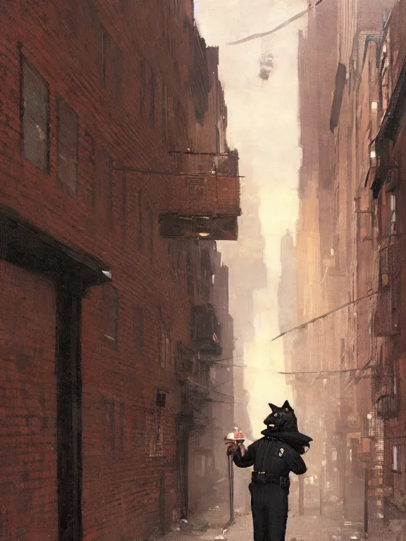 Image similar to new york city portrait of furry anthro anthropomorphic german shepard head animal person fursona wearing clothes nypd traditional police uniform in the alley, sunny day, digital art by Nerdrum John, William Waterhouse, Winslow Homer, Alex Heywood, Jordan Grimmer, Darren Quach, Greg Rutkowski, Simon Stalenhag, trending on Artstation, CGSociety