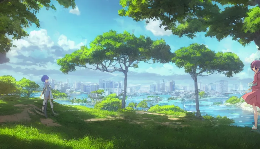 Image similar to bonifacio global city with a blue lake, beautiful ancient trees, hiding large treasure chest, serene evening atmosphere, soft lens, soft light, cel - shading, animation, in the style of cgsociety, deviantart, artstation, zbrush, cinema 4 d, studio ghibli, akihiko yoshida, atelier lulua, masamune shirow