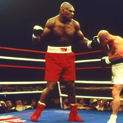 Image similar to mike tyson boxing ivan drago in a boxing ring in the movie rocky ii. movie still