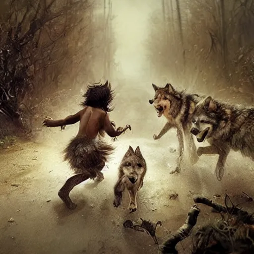 Image similar to a feral child running with a pack of large wolves with intricate symbols of their fur. cinematic. detailed masterpiece. realistic. photo realism. cgsociety. by krenz cushart. ruan jia. jarold sng.