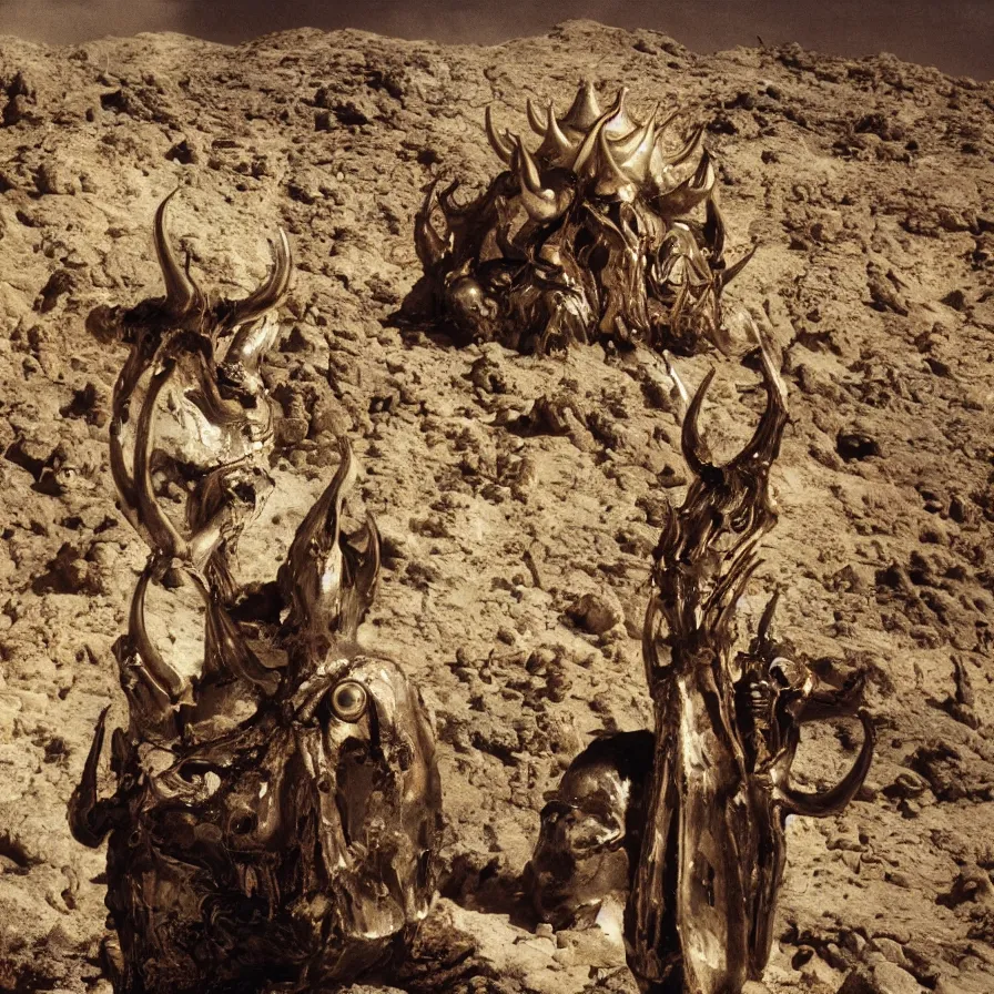 Image similar to portrait of salvador dali wearing a horned crown and jewels in a dry rocky desert landscape, alien spaceship by giger in the landscape, film still from the movie by alejandro jodorowsky with cinematogrophy of christopher doyle and art direction by hans giger, anamorphic lens, kodakchrome, very detailed photo, 8 k