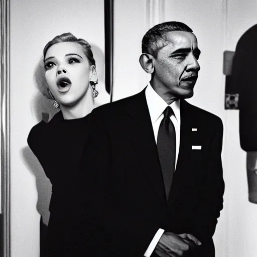 Image similar to photo of Scarlett Johannson and Obama, by Diane Arbus