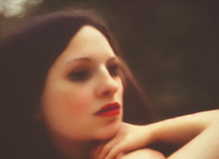 Image similar to close-up color film photography 1970 of woman in style of nan goldin, soft focus, golden hour, soft light, 35mm, film photo