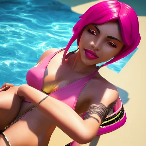 Image similar to pool party Akali catching the Hawaiian sun (League of Legends). 3d render, octane render, iRay, ray tracing, realistic, highly detailed, trending on artstation, 4k, cgsociety, unreal engine 5, redshift render, blender cycles, behance, cg
